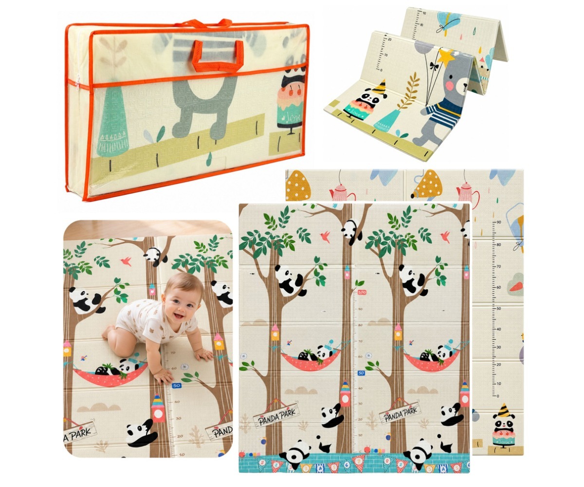 Kahepoolne kokkupandav mängumatt Panda ja Karu – 180×150cm, näha on ka kaas ja mängumatti erinevatelt külgedelt