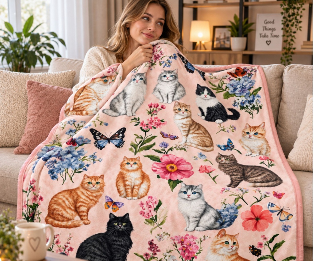 Naissoost mudel, kasutamas Pehme pleed Kassid ja lilled – roosa, 150×100cm, kodus