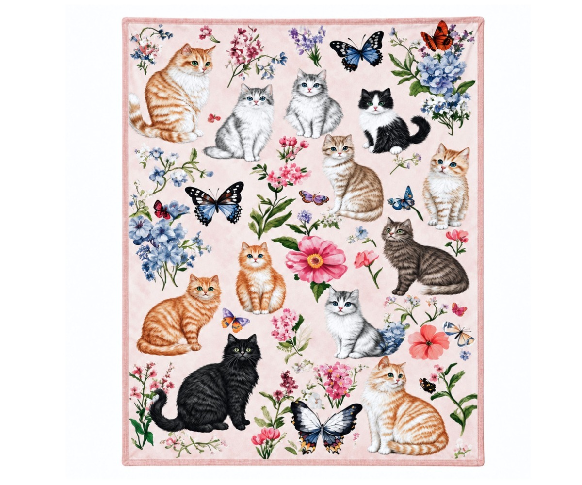 Pehme pleed Kassid ja lilled – roosa, 150×100cm, kaunis disain kasside ja lilledega