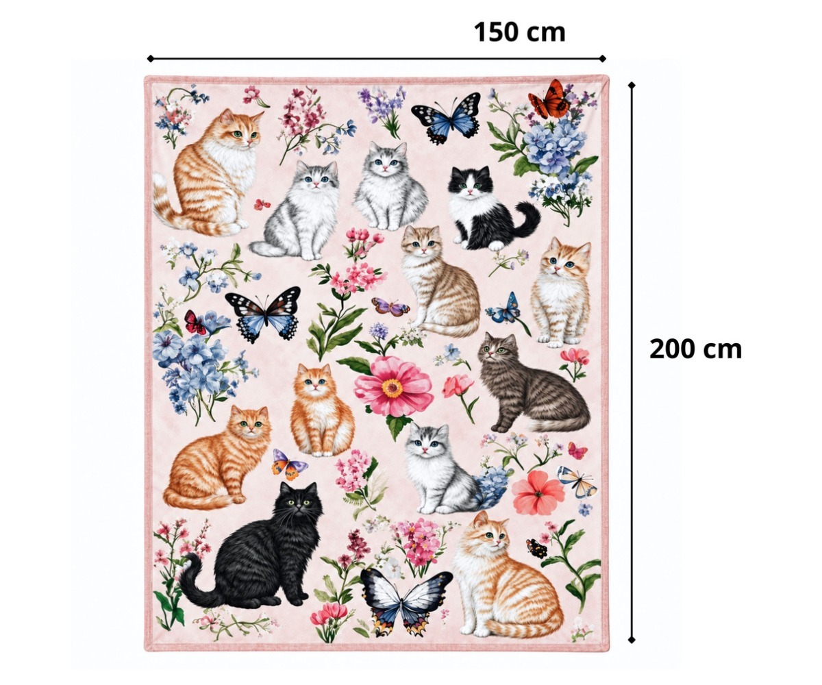 Suurus 150×200cm näitab Pehme pleedi Kassid ja lilled – roosa, kaunistatud erksate lillede ja kassidega.