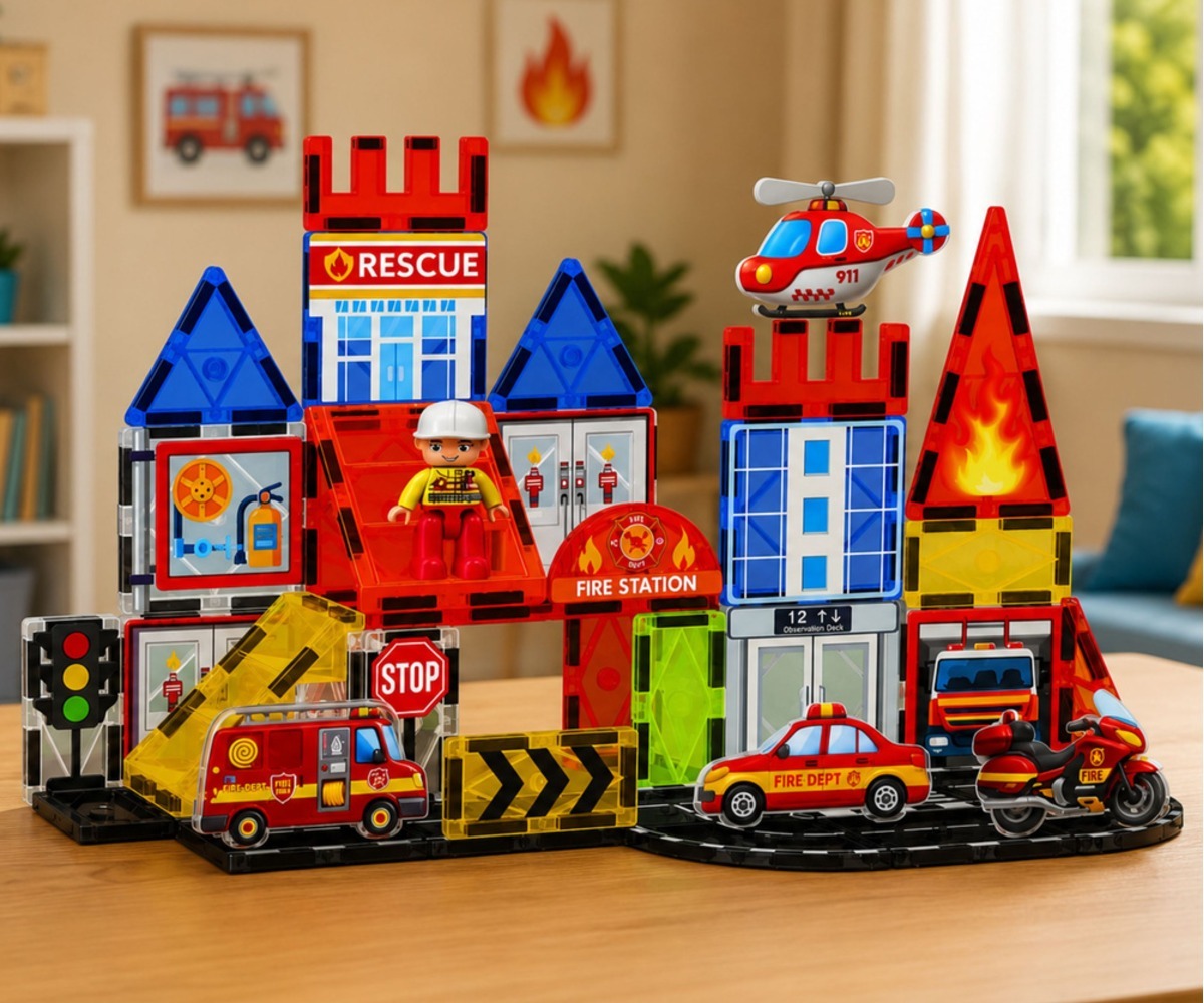 Magnetklotsid tuletõrjedepoo Fire Station – 42 osa, mängumaja koos tuletõrjuja ja teenindusautodega