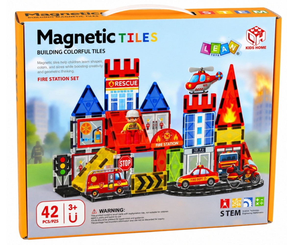 Magnetklotsid tuletõrjedepoo Fire Station – 42 osa, sisaldab värvilisi klotse ja tuletõrje teemalisi lisandeid.