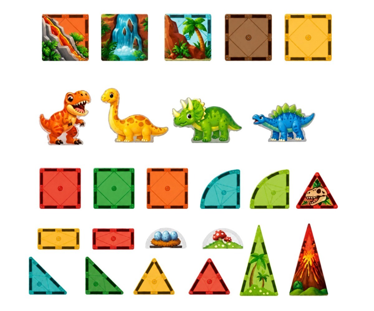 Magnetklotsid dinosaurustega Dinosaurs – 31 osa, sealhulgas dinosauruste ja looduslike elementide illustratsioonid