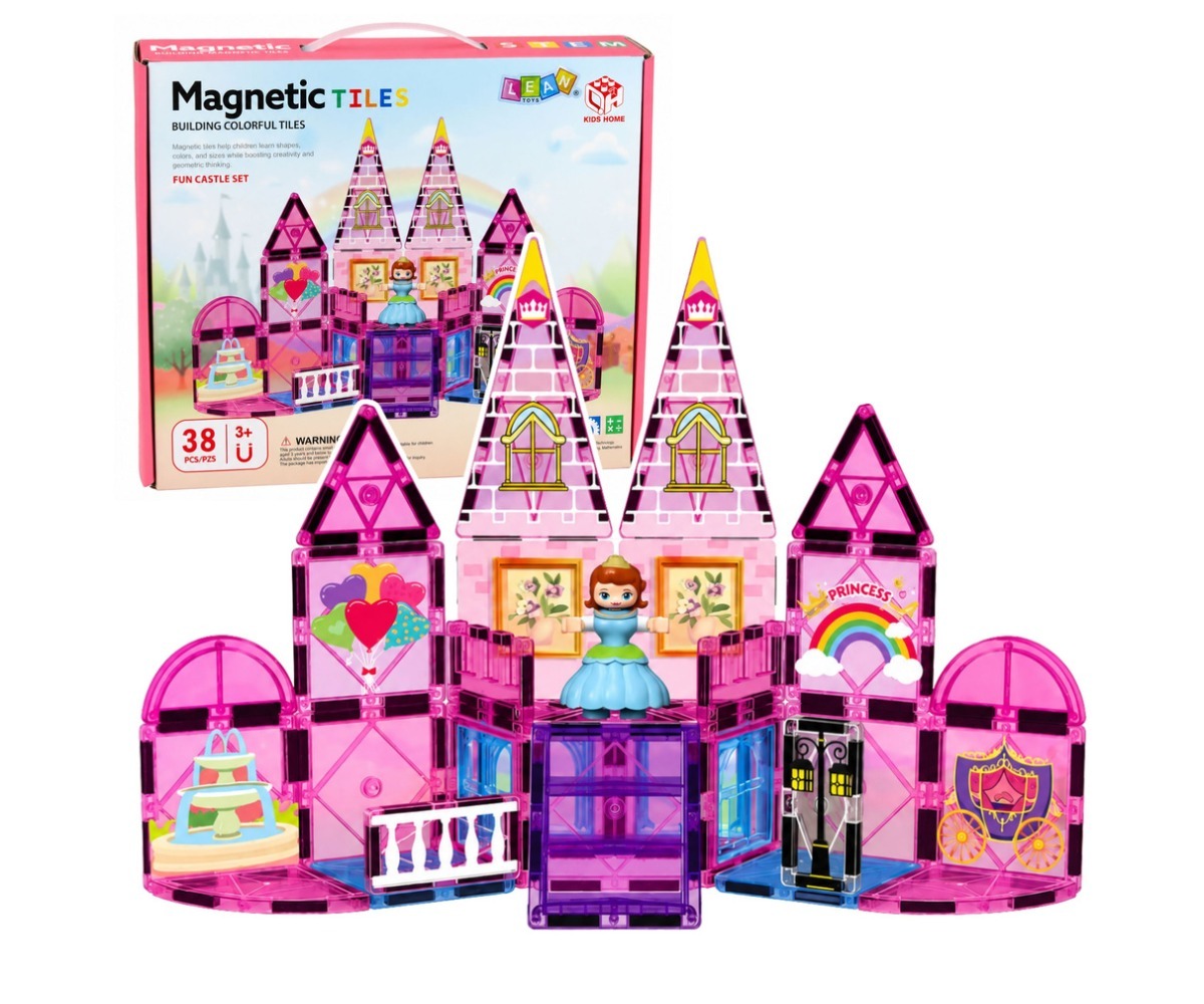 Magnetklotsid printsessiloss Princess Castle – 38 osa, roosa loss koos printsessiga.