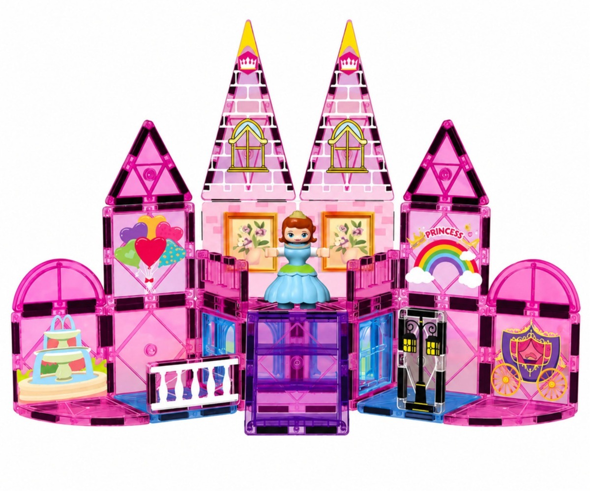 Magnetklotsid printsessiloss Princess Castle – 38 osa, lähem vaade lossist ja mängukujukesest.