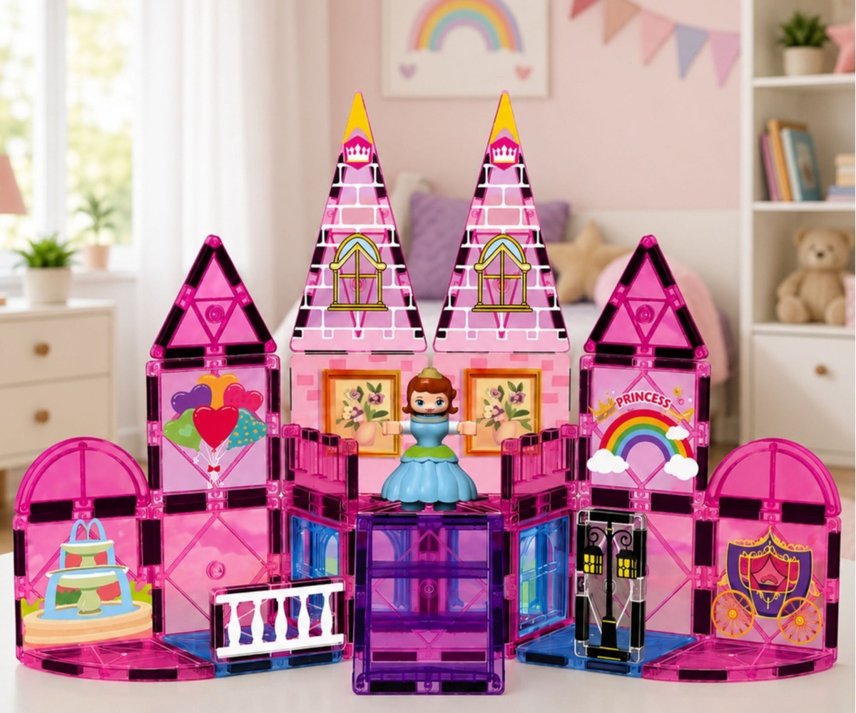 Magnetklotsid printsessiloss Princess Castle – 38 osa, kaunis loss mänguruumis koos printsessiga.