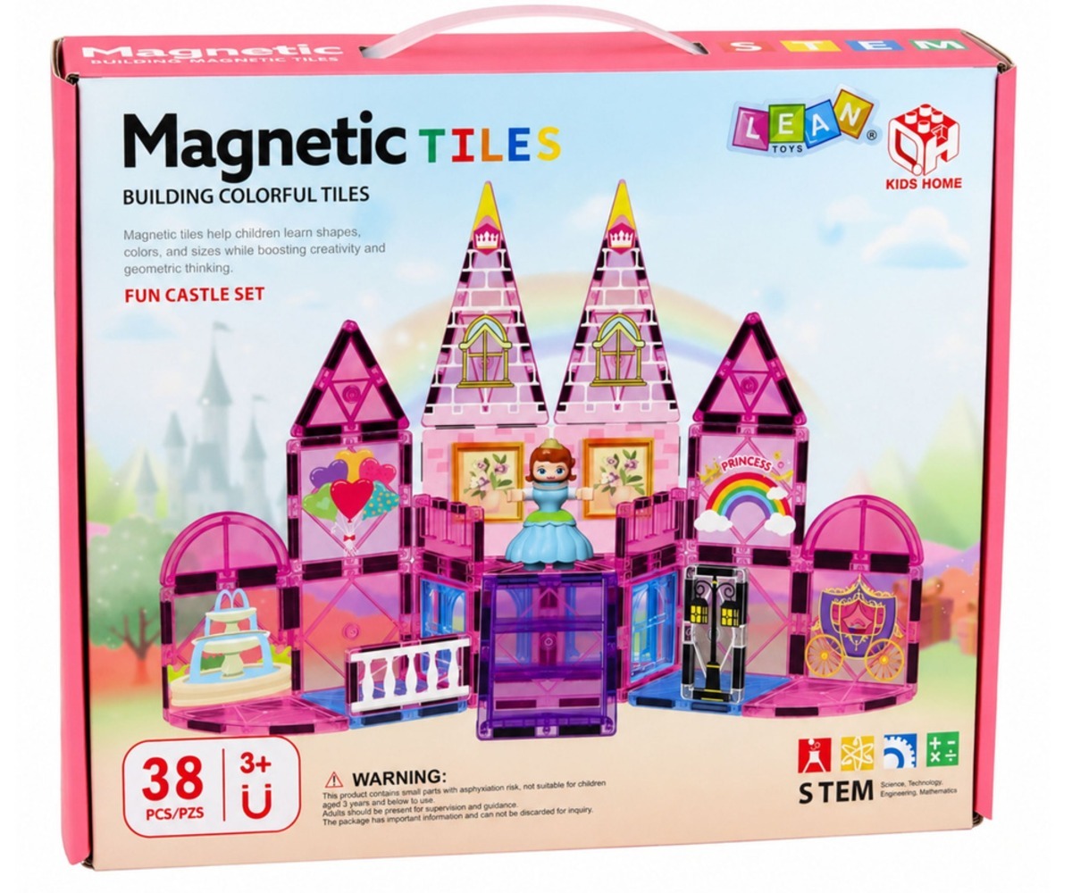 Magnetklotsid printsessiloss Princess Castle – 38 osa, värvikas pakend, mis sisaldab erinevaid klotse ja printsessi nukku
