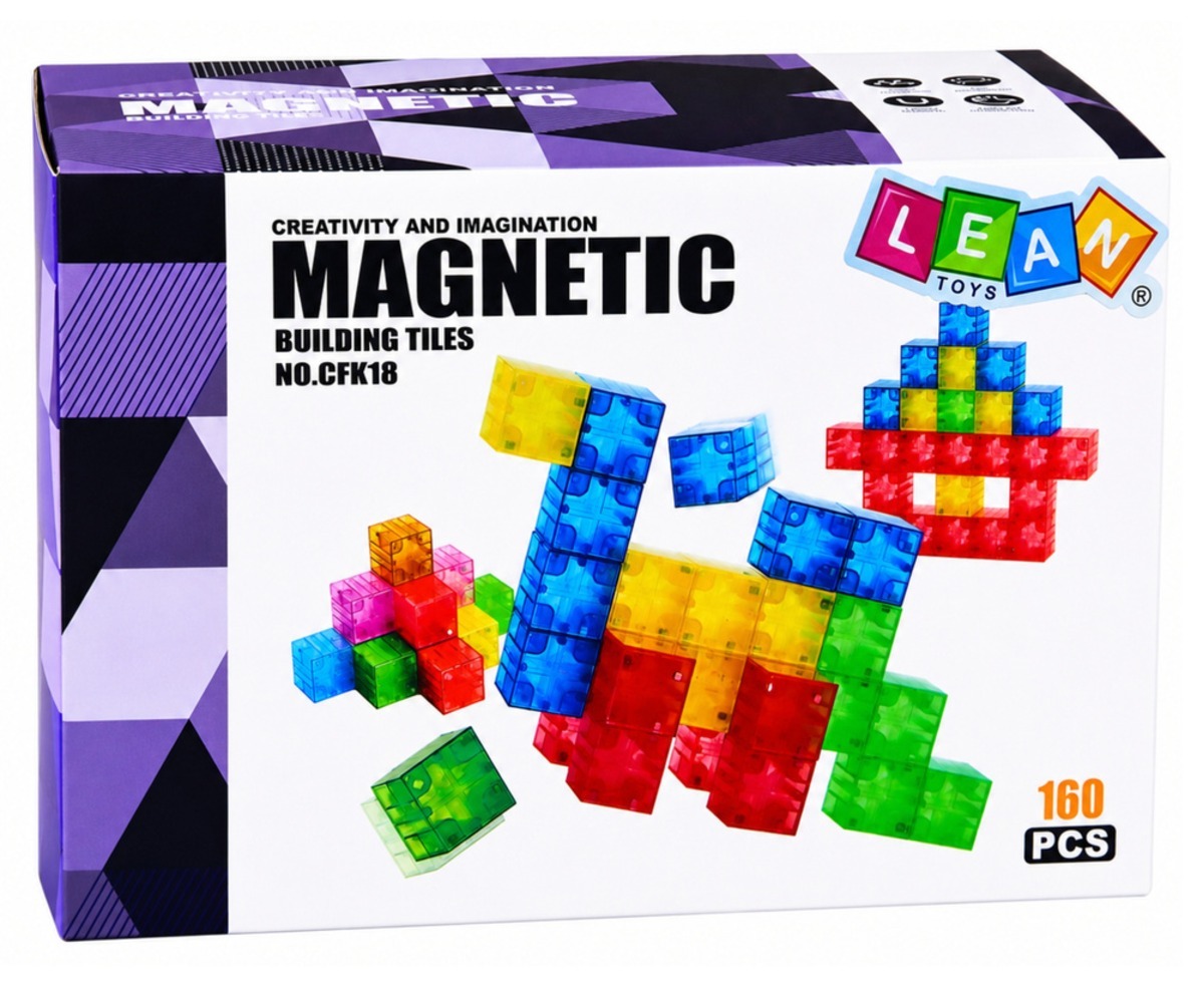 Magnetilised kuubikklotsid Colorful Cube – 160 osa pakend, mis sisaldab värvilisi ehitusklotse.