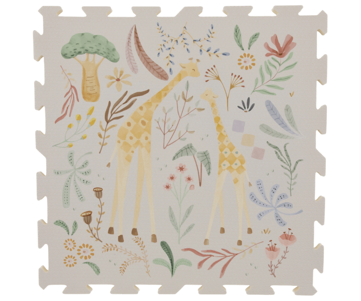 Puslematt, kus on kujutatud kahe geraafi ja mitmete taimedega, ideaalne Pehme puslematt XL Safari Friends 120×180cm jaoks