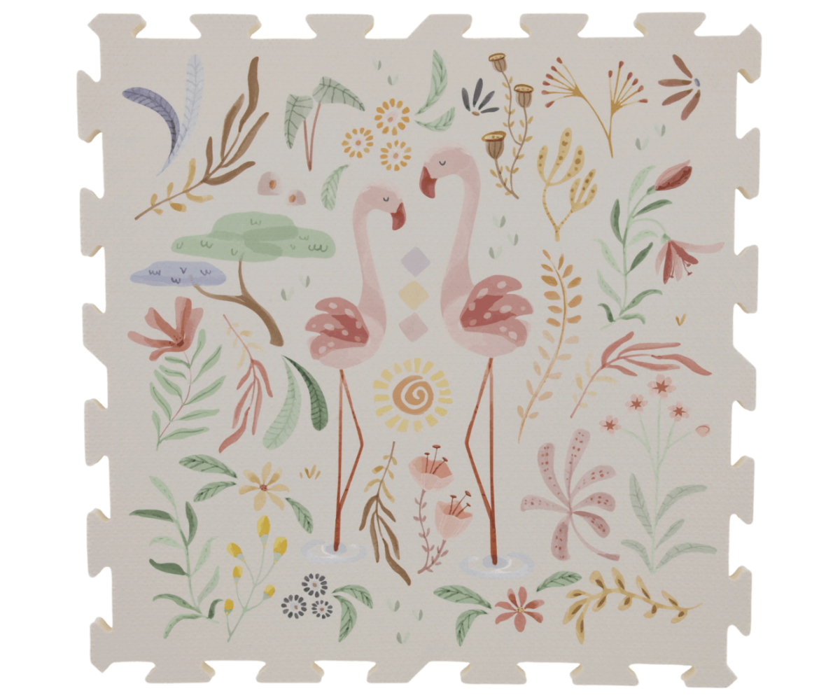 Kaks flamingot ja mitmed lillemotiivid Pehme puslemati XL Safari Friends 120×180cm disainis