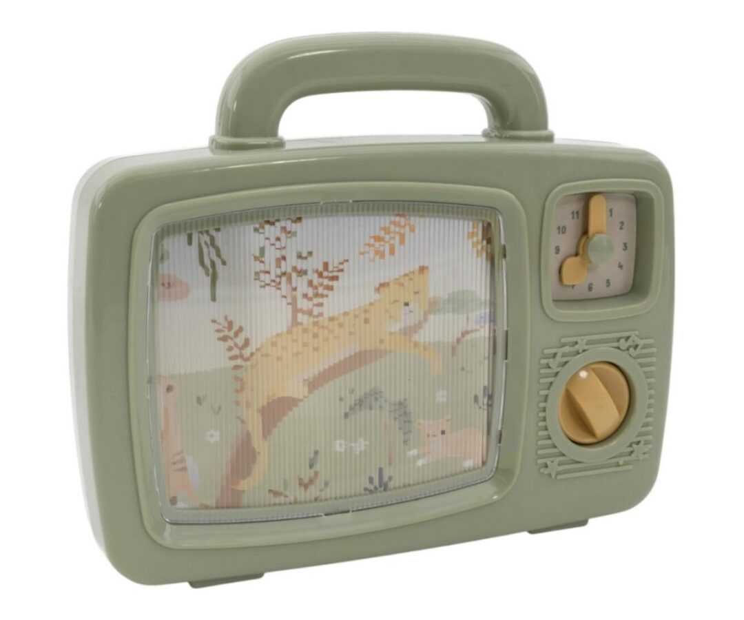Muusikaga mänguteleviisor Safari Friends, Little Dutch disain, külgvaade, näitab loodusmotiive ja vintage stiilis. Sobib imikutele ja väikelastele.