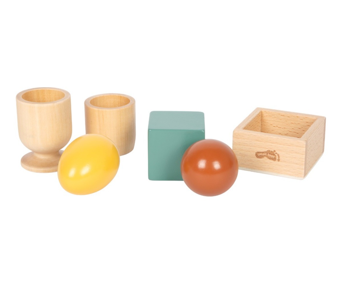 Montessori sorteerimismäng kujunditega, sisaldab puidust mune ja kuubikut, Small Foot.