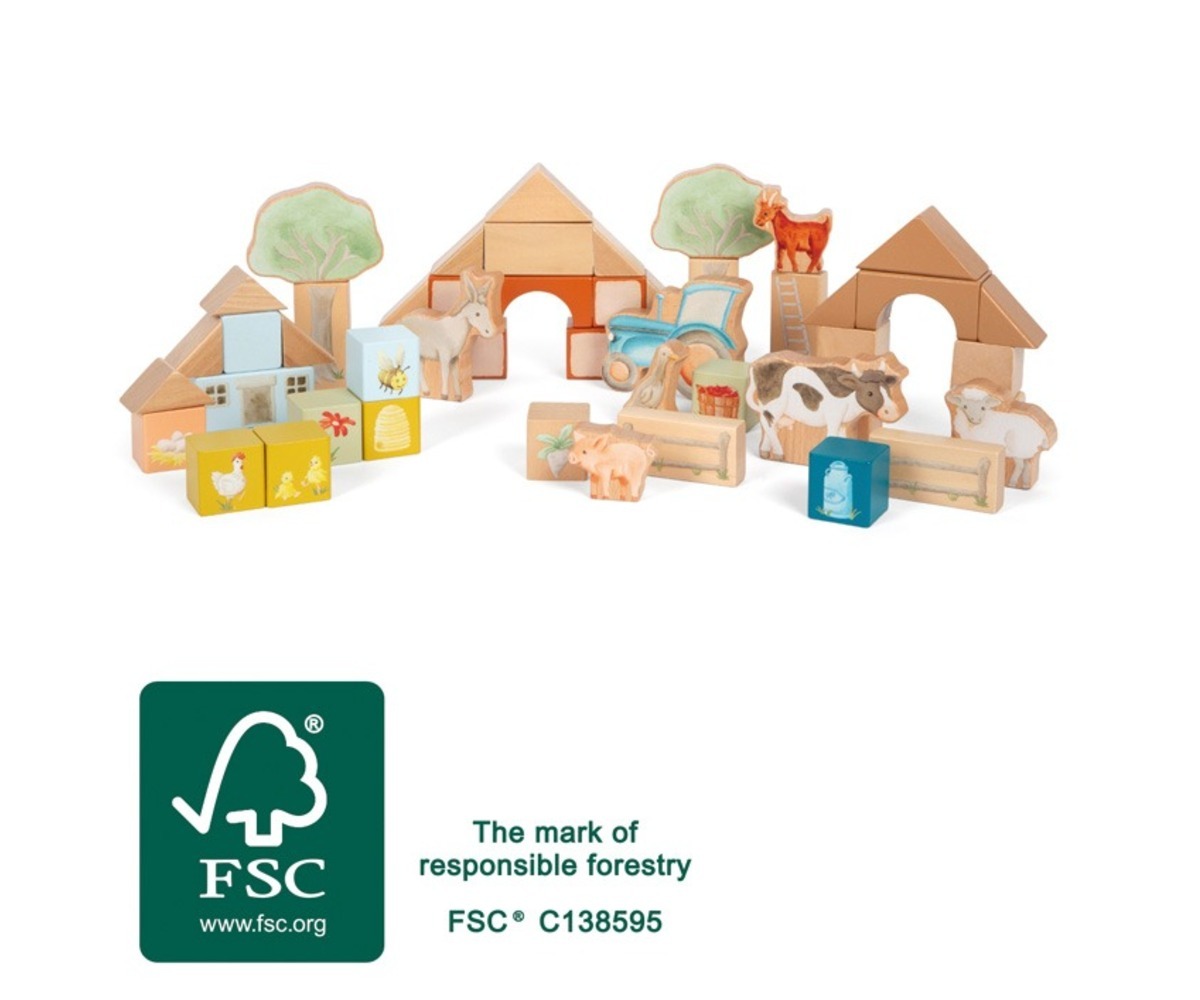 Puidust ehitusklotsid Farm Buddies koostisosade komplekt ja FSC sertifikaat