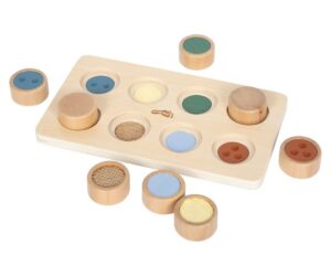 Montessori sensoorne sobitamismäng tekstuuridega, koos erinevate tekstuuridega ringide ja mänguplaadiga.