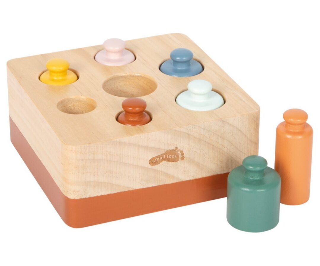 Montessori puidust sorteerimismäng silindritega, mis koosneb värvilistest silindritest ja puidust alusest.