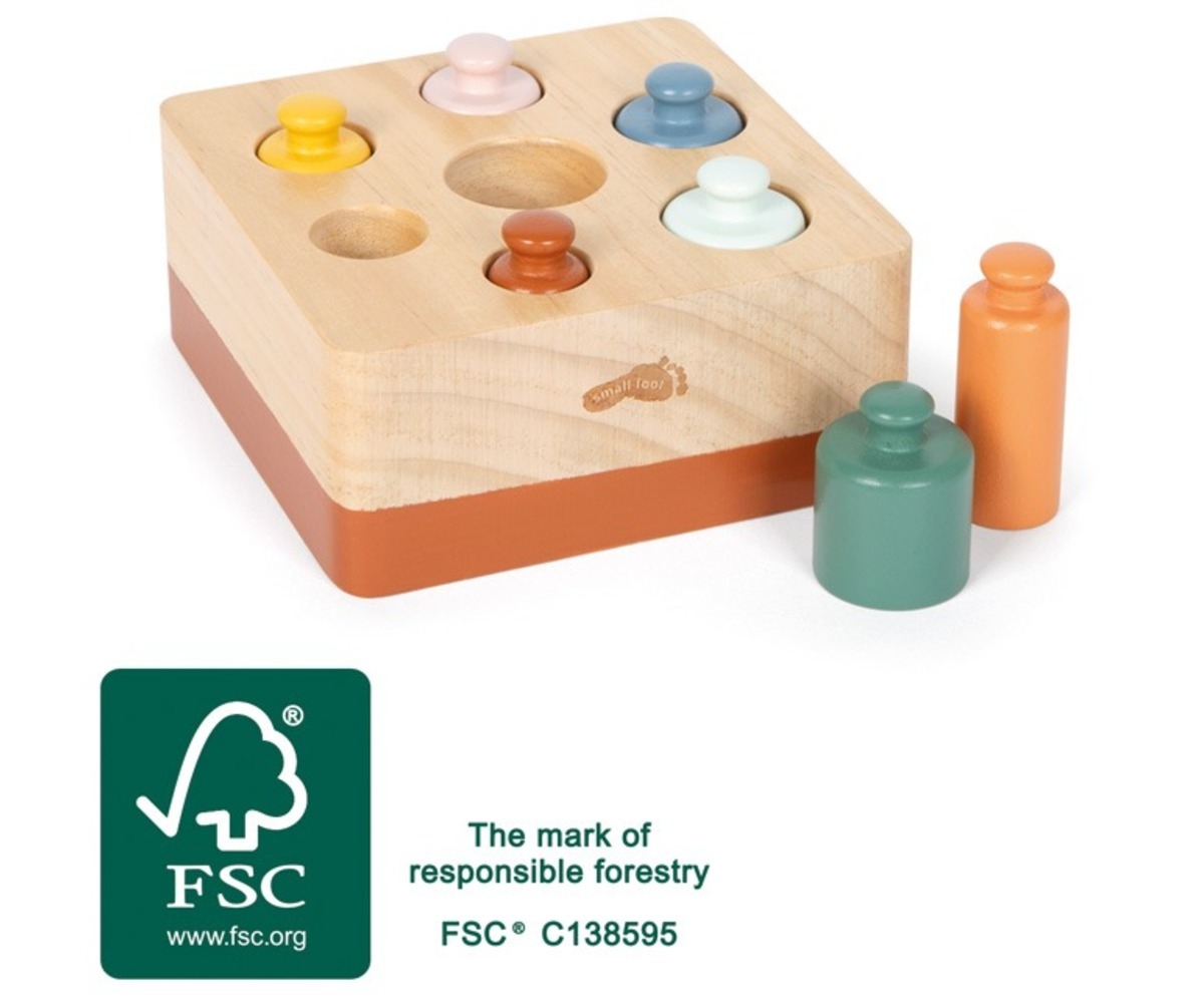 Montessori puidust sorteerimismäng silindritega, koonus ja alus, FSC sertifikaadiga vastupidav puitmaterjal.