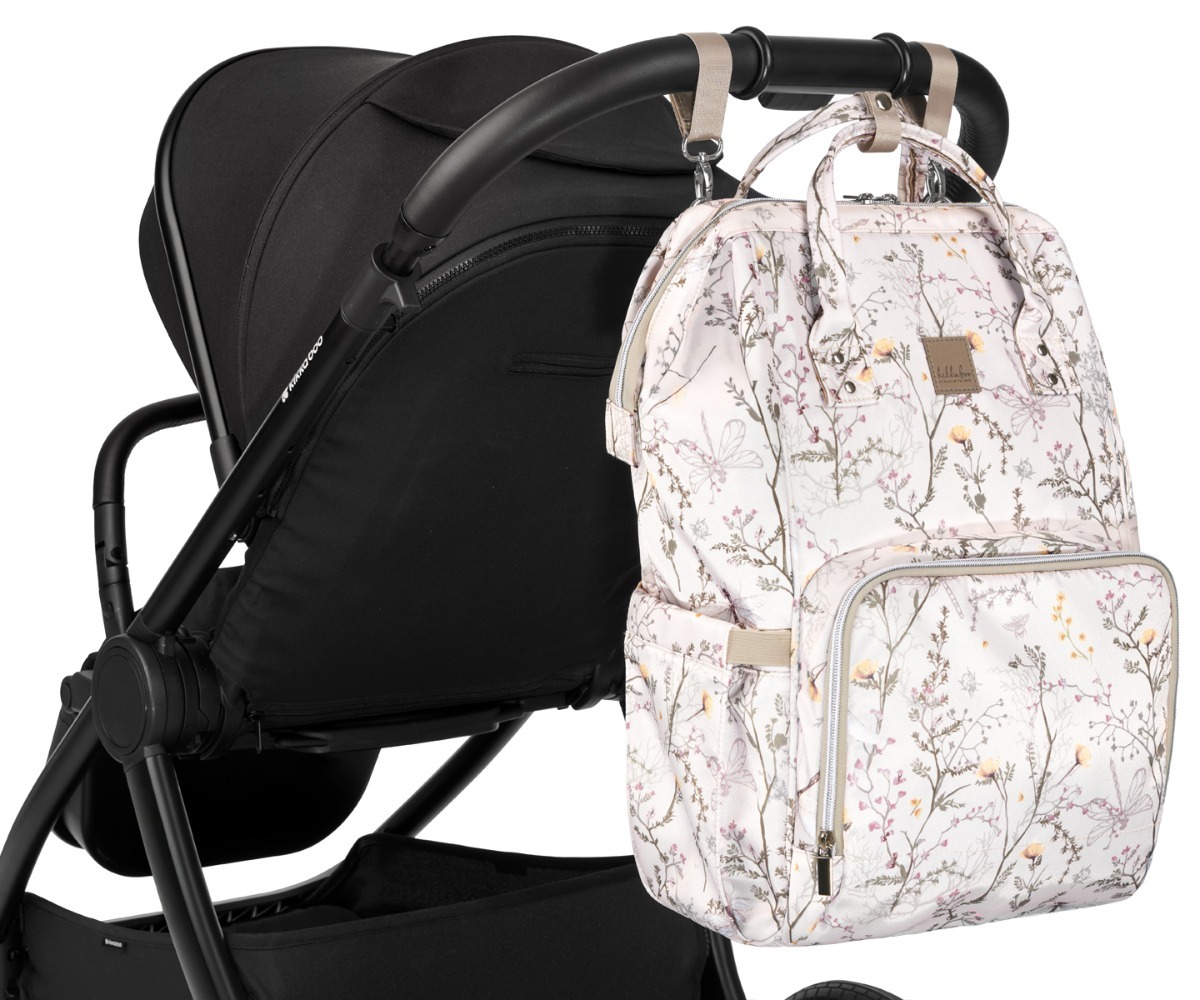Beebitarvete kott Mama Bag Kikkaboo Siena – beež, kinnitatud jalutuskäru külge, mugav ja stiilne lahendus vanematele.
