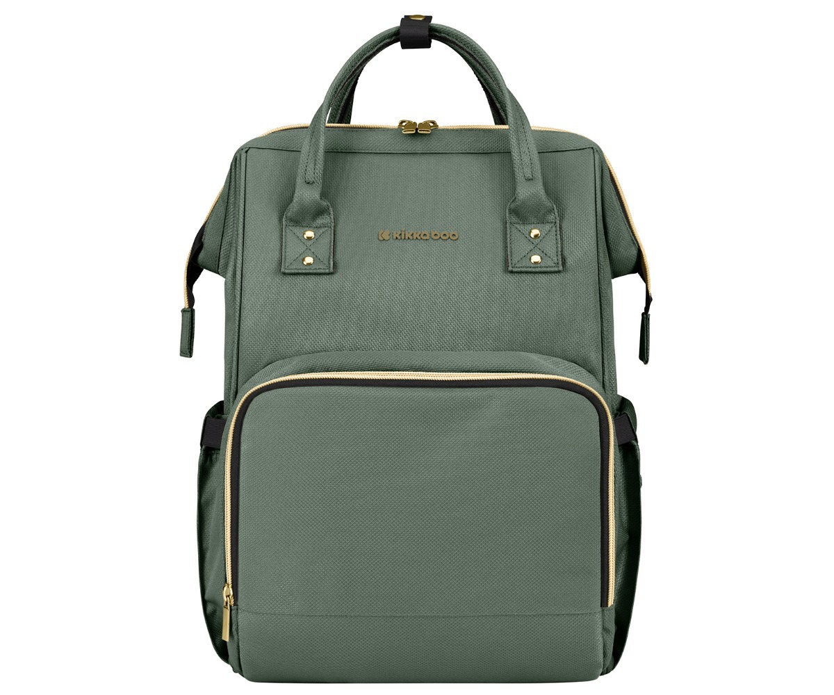 Detailne ülevaade Beebitarvete kotist Mama Bag Kikkaboo tumerohelise värviga.