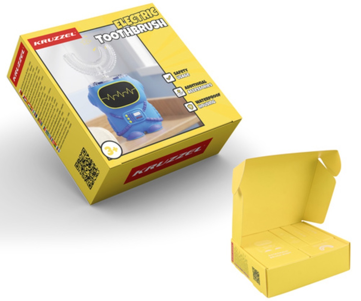 Kruzzel PRO 360 laste elektrilise hambaharja pakend, mis sisaldab 4 erinevat harjaotsikut.