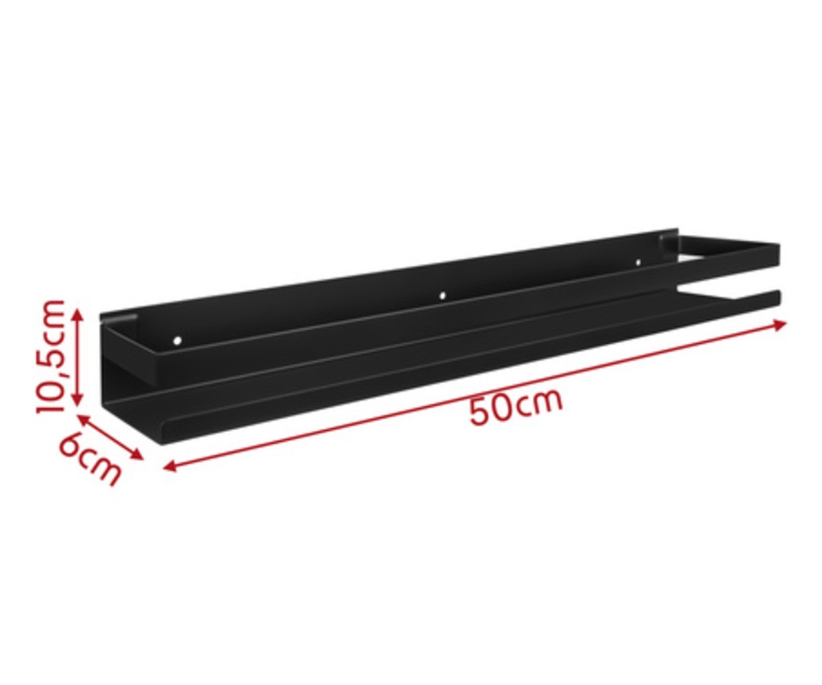 Must vannitoa seinariiul 50cm, mille mõõdud on 50cm x 10,5cm x 6cm, ideaalne vannitoa ruumi säästmiseks.