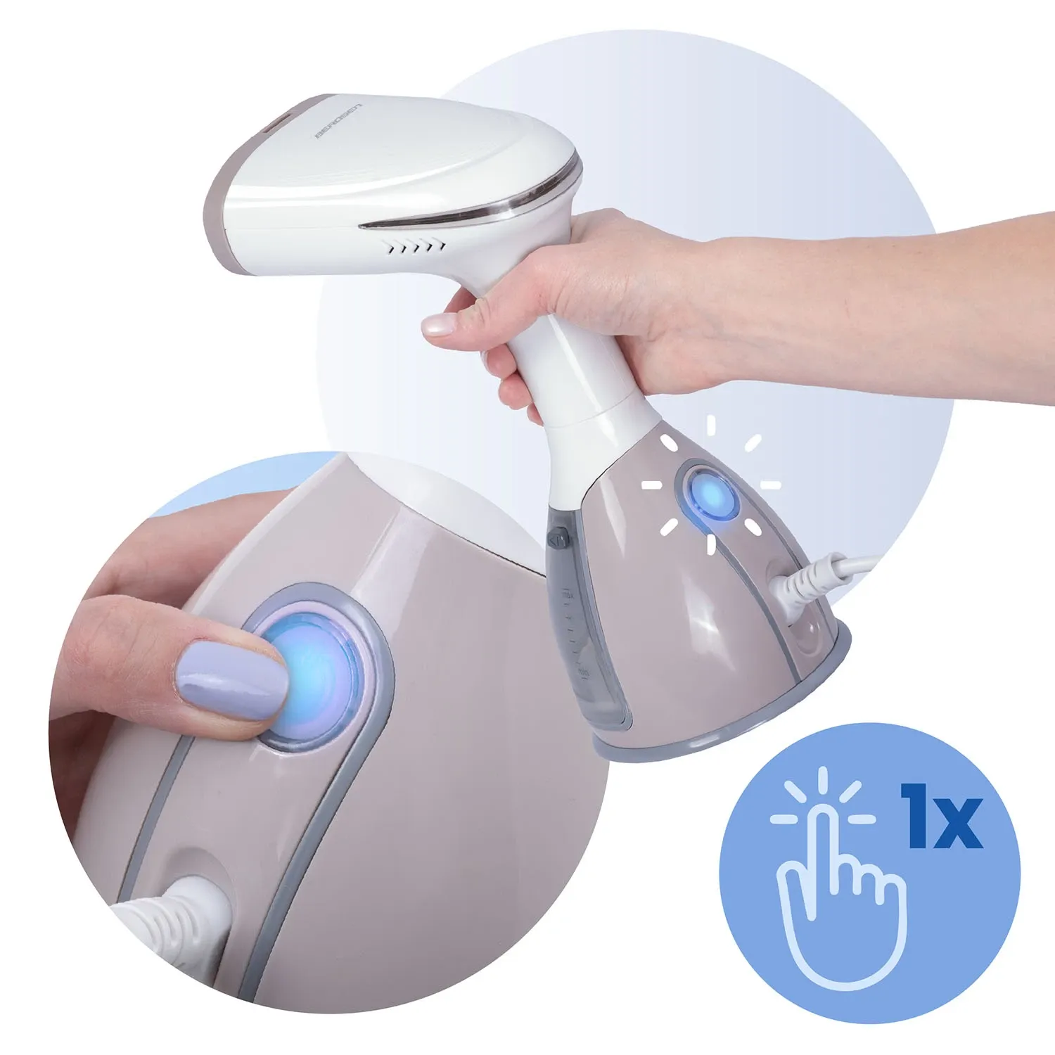 Käsiauruti riiete aurutamiseks Berdsen BD-310, 1500W, all pressitud nupp, mida on lihtne kasutada.