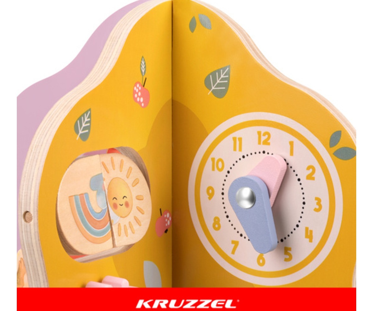 Kruzzel puidust arendav tegevuspuu 10in1, millel on värviline kell ja mängulised elemendid.