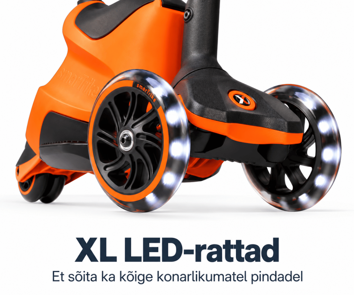 SmarTrike tõukeratas istmega Xtend Ride-on LED esitleb XL LED-rattaid, mis tagavad sujuva sõidu konarlikel pindadel.