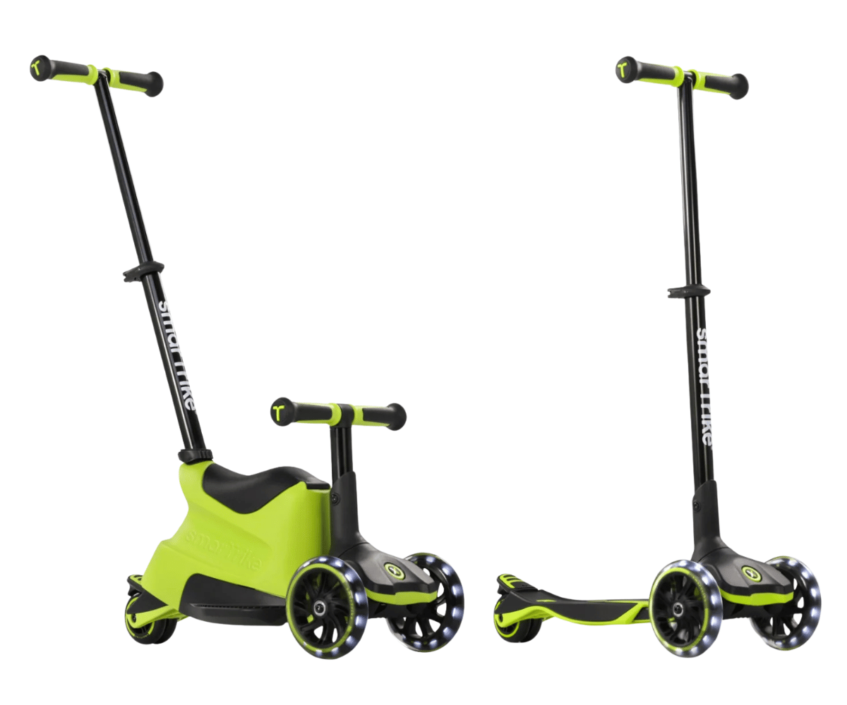 Kahe nurga alt vaadet näitav SmarTrike tõukeratas istmega Xtend Ride-on, laimiroheline, väikestele lastele.