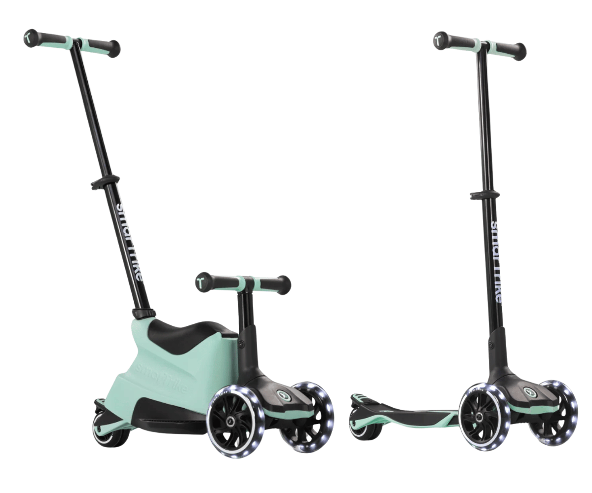 SmarTrike tõukeratas istmega Xtend Ride-on LED, näidates erinevaid kasutusvõimalusi ja stiilset helerohelist välimust.