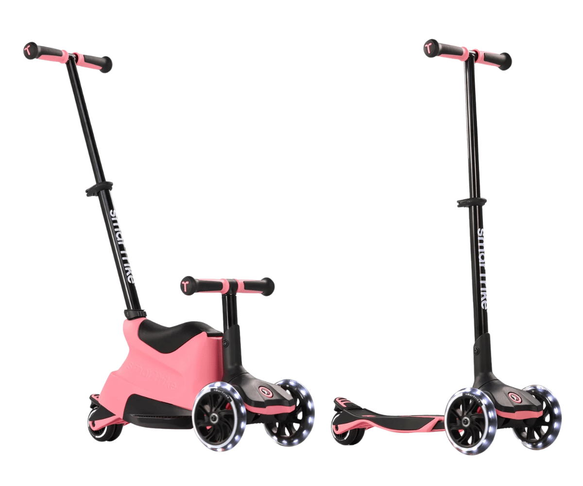 SmarTrike tõukeratas istmega Xtend Ride-on LED 5in1, näidates mitmeid erinevaid seisukohti, mida saab kasutada igas eas.