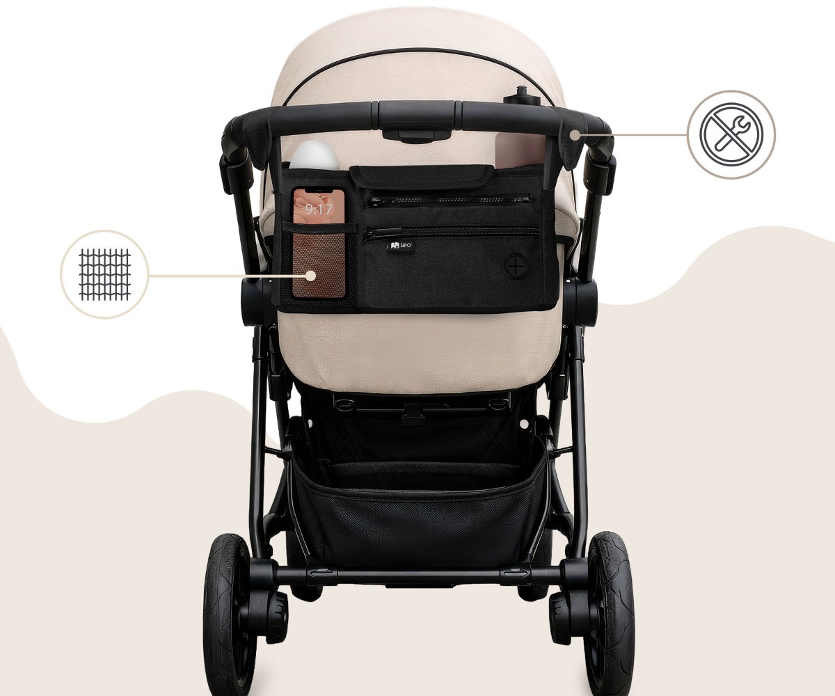Detailne vaade SIPO käruorganiseerijast SCA-21 – must, showing multiple storage pockets