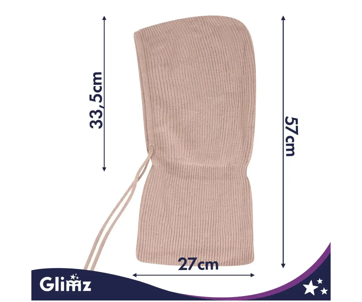 Glimz naiste kapuuts-kaelussall 30% villaga beež, mõõtmete diagramm.