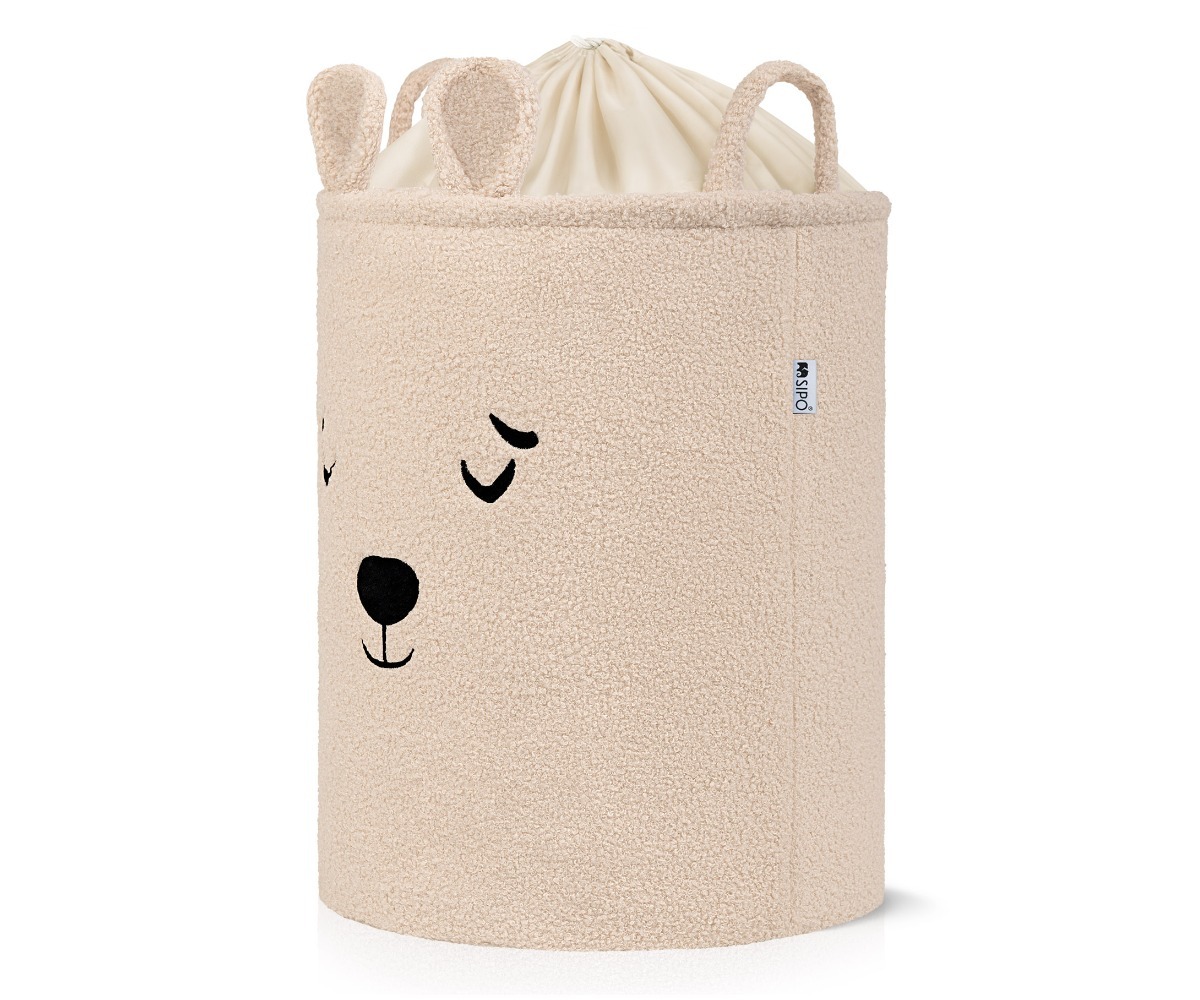 SIPO Premium bouclé mänguasjakorv nöörkinnitusega 43L beež karu, mugava disainiga ja armsa karu näoga.