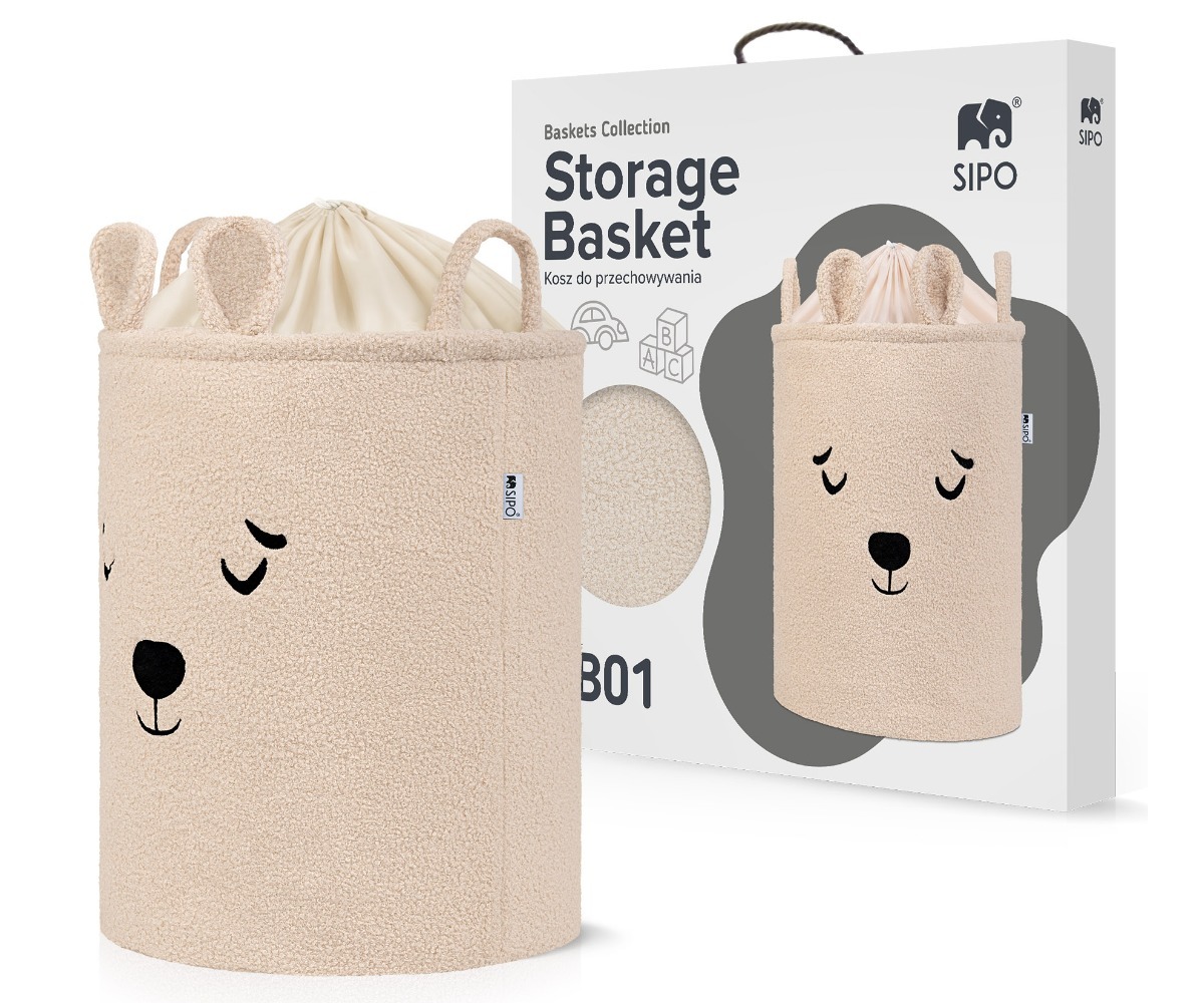 SIPO Premium bouclé mänguasjakorv nöörkinnitusega 43L beež karu, esitleb toote omadusi ja pakendi disaini.