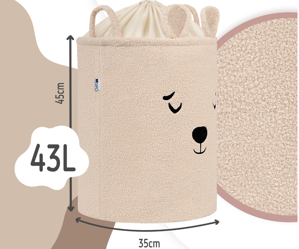 SIPO Premium bouclé mänguasjakorv nöörkinnitusega 43L beež karu, mõõdud 45cm x 35cm