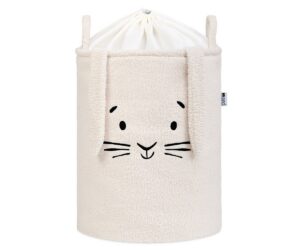 SIPO Premium bouclé mänguasjakorv nöörkinnitusega, kreemikas jänes, ideaalne teddy kangast mänguasjade hoiustamiseks.