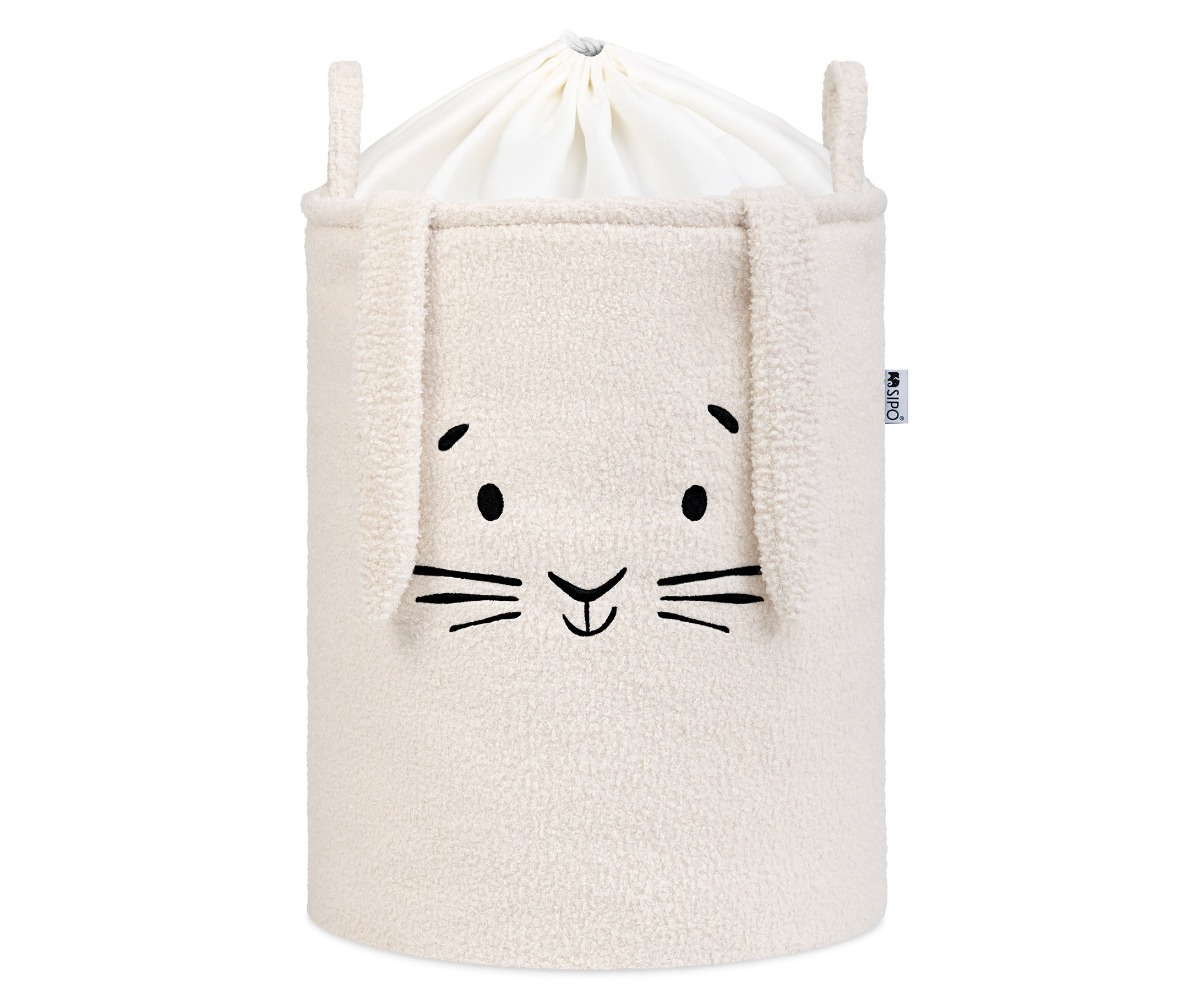 SIPO Premium bouclé mänguasjakorv nöörkinnitusega, kreemikas jänes, ideaalne teddy kangast mänguasjade hoiustamiseks.