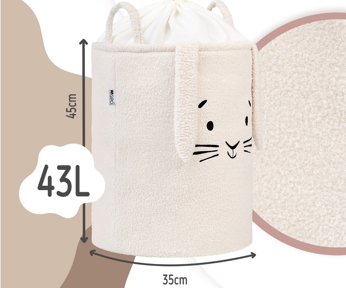 SIPO Premium bouclé mänguasjakorv nöörkinnitusega 43L, kreemikas jänes detailidega. Kõrgus 45 cm ja laius 35 cm.