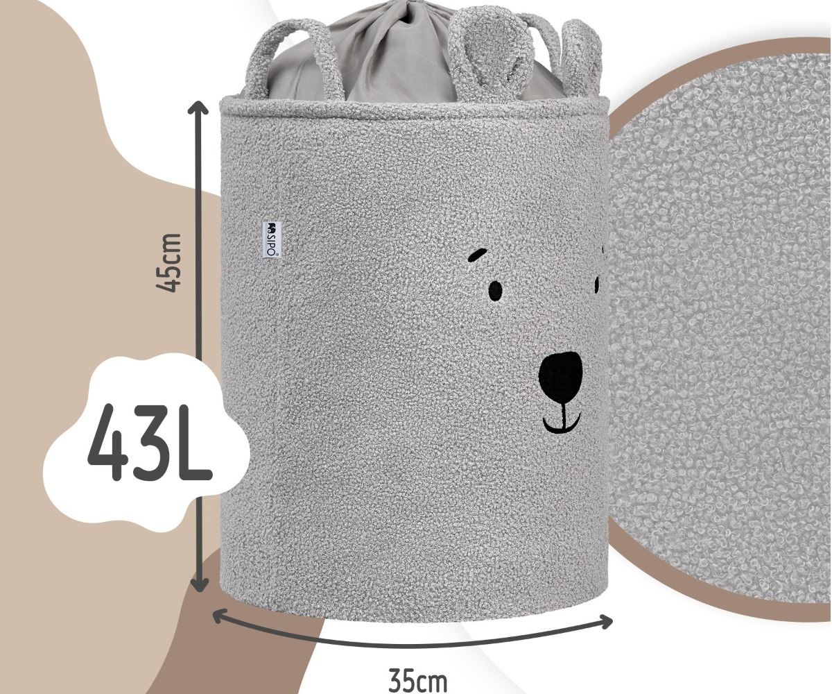 SIPO Premium bouclé mänguasjakorv 43L - hall karu, mõõtmed 45cm kõrgus ja 35cm diameeter.