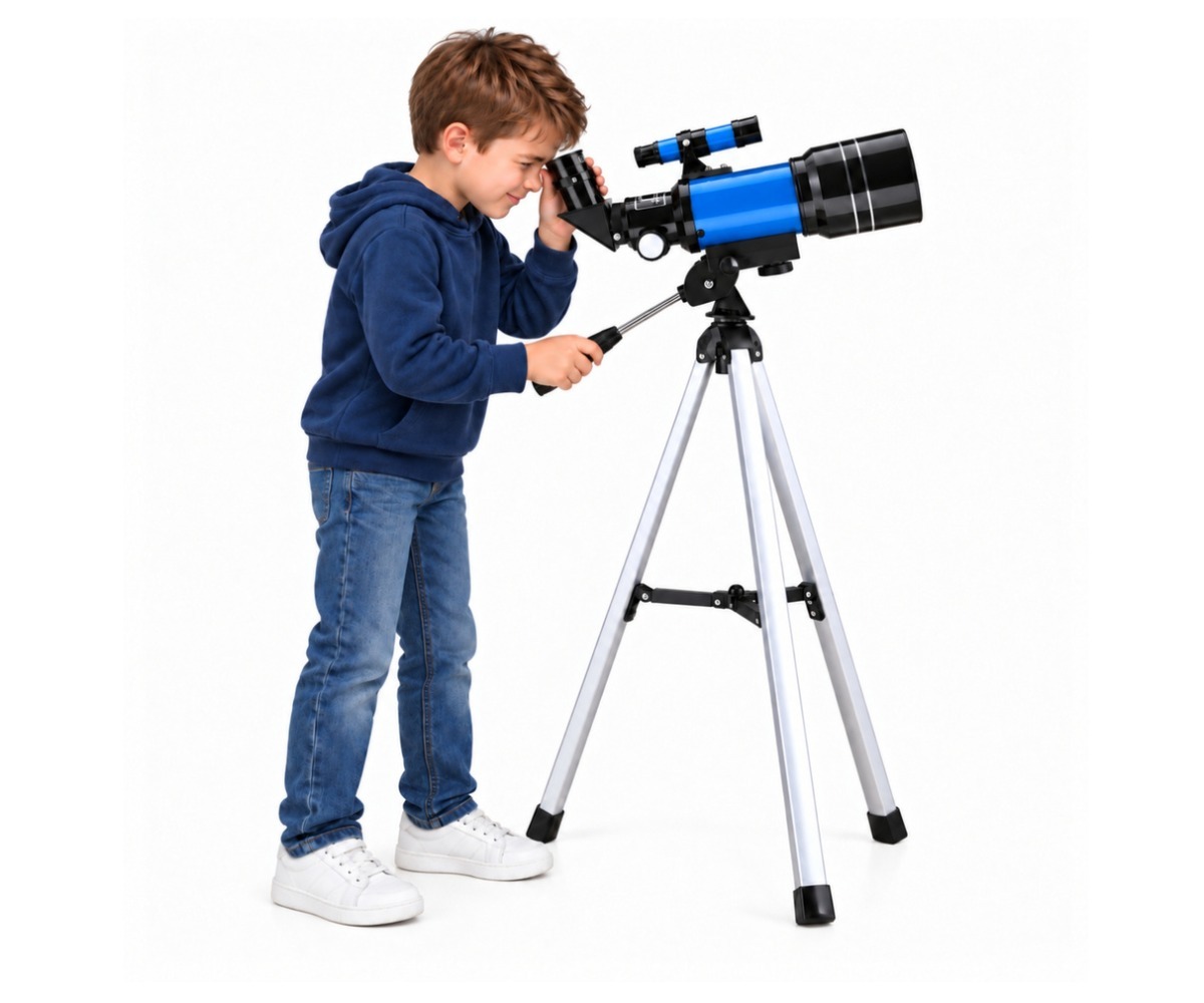 Laps, kes kasutab astronoomilist teleskoopi lastele 150x suurendusega.