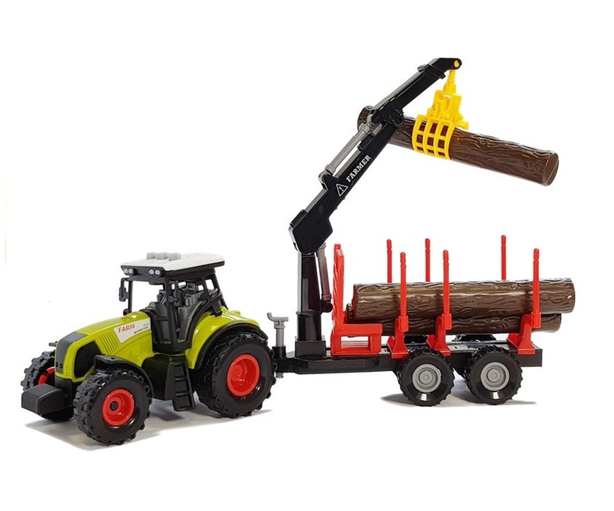 Mängutraktor metsaveohaagise ja kraanaga, pilt, kus palk tõstetakse haagiseks.