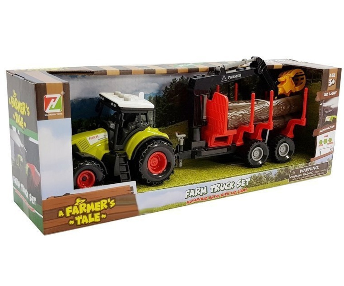 Mängutraktor metsaveohaagise ja kraanaga, komplekt sisaldab kolme palki.