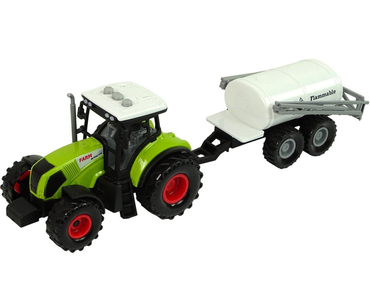 Mängutraktorite komplekt kolme haagisega, traktor haagisega, millel on realistikud detailid.
