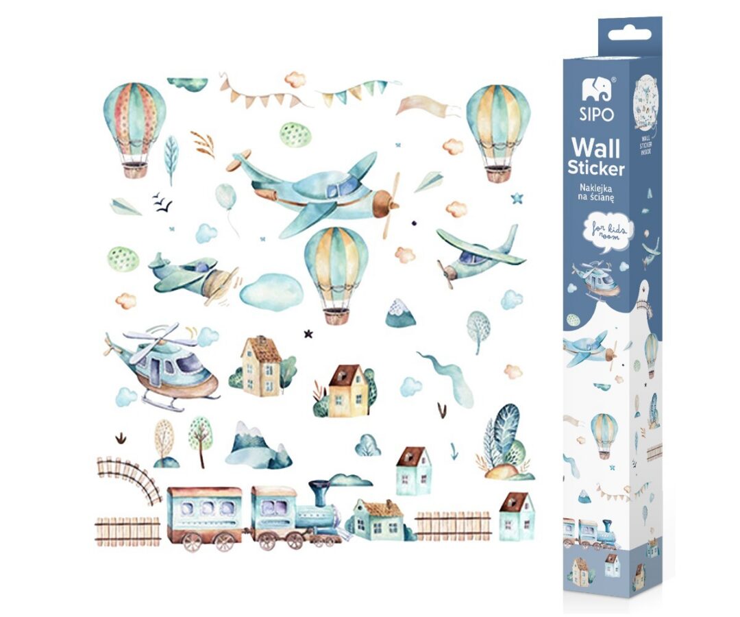 SIPO lastetoa seinakleebised Airplanes Balloons koos erinevate lennukite, õhupallide ja pilvede illustratsioonidega