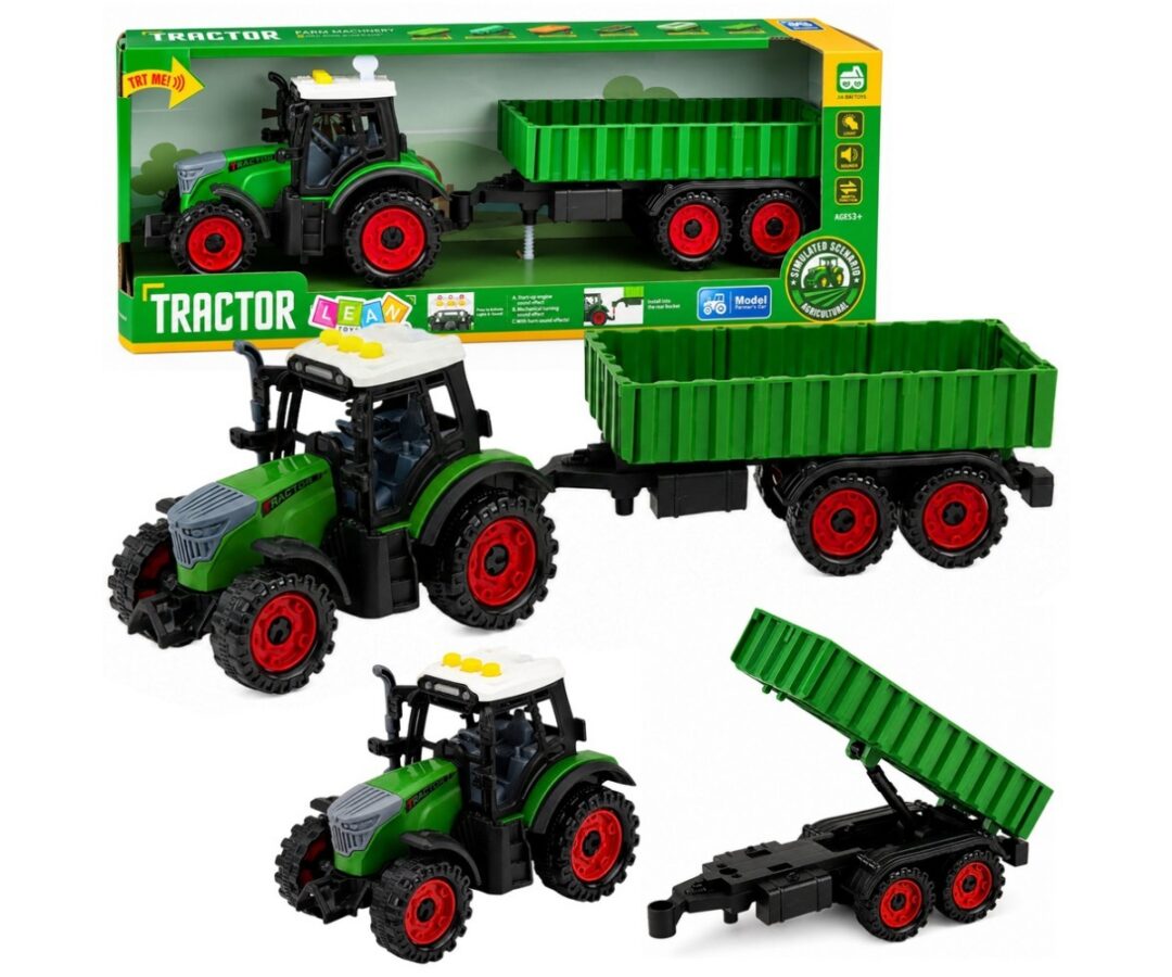 Mängutraktor haagisega heli ja valgusega, roheline ja must disain, koos punaste ratastega
