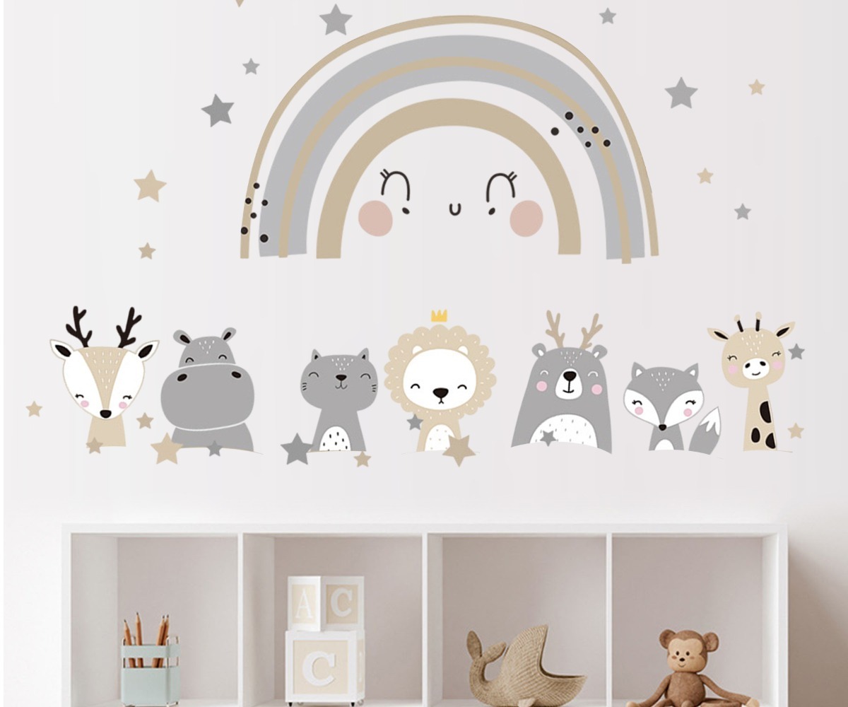SIPO lastetoa seinakleebised Animals, seinale kleebitud loomade rivi vikerkaare all