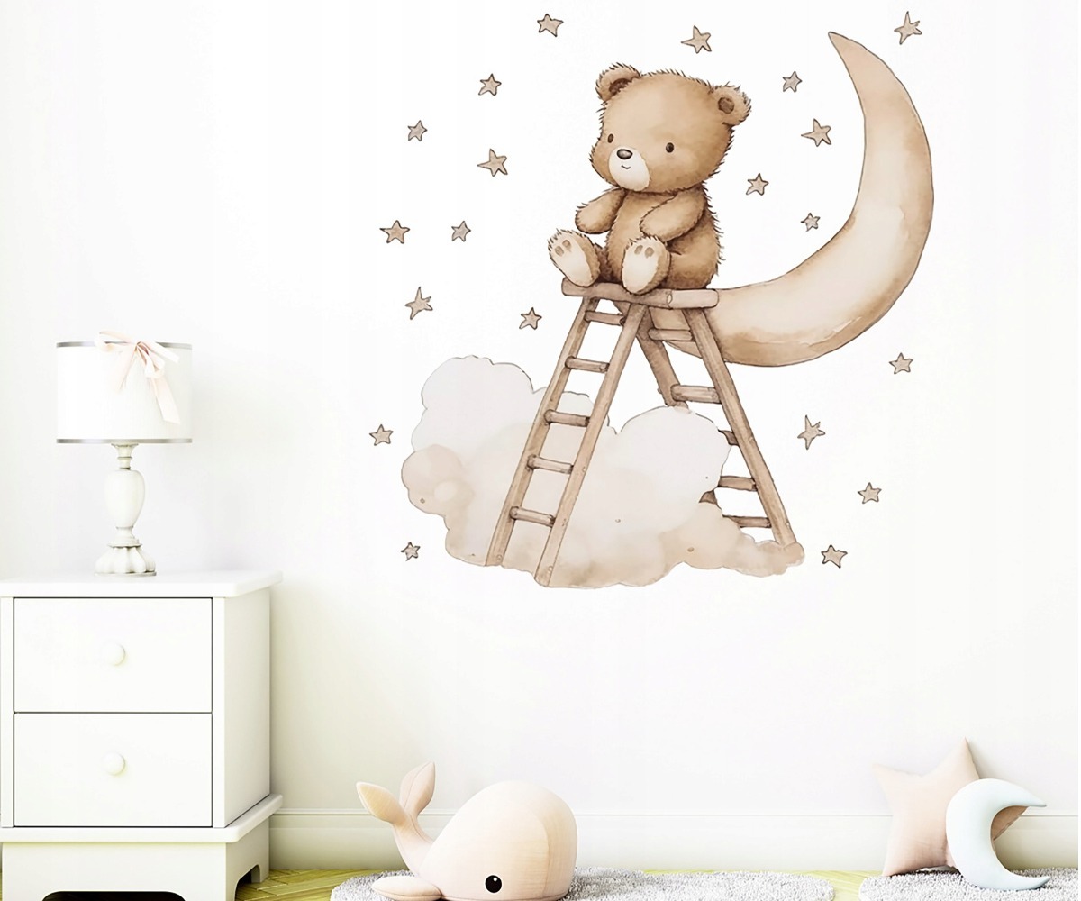 SIPO lastetoa seinakleebised Bear on a Ladder – beež redeldav karu magamistoas, mille ümber on pilved ja tähed.